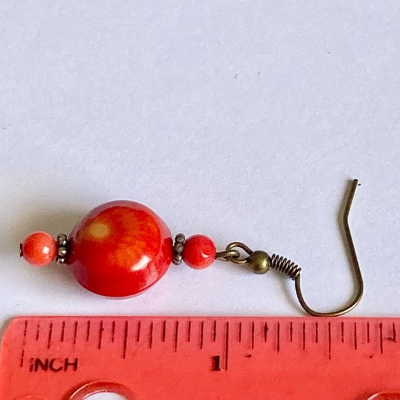 Vintage Art Glass Bead Earrings Coral Red Orange Hand Made Bronze Plated - Picture 15 of 16
